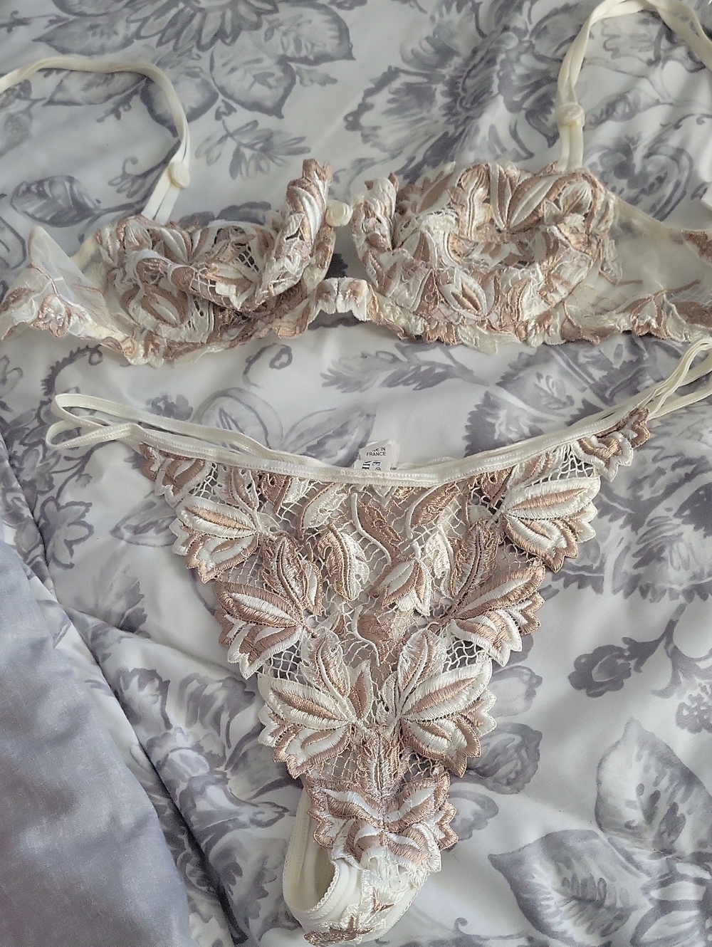 LISE CHARMEL Sheer Floral Lace Bra & Thong Set in Blush Cream.